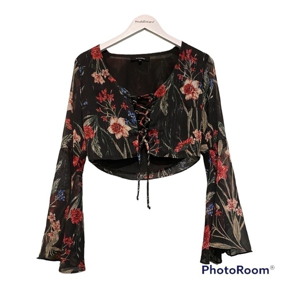 Olivaceous Tops - Olivaceous Womens Floral lace up front blouse with flare sleeves | Medium
